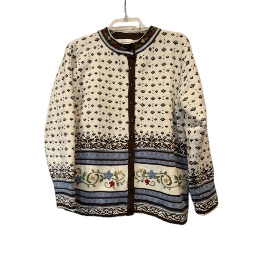 Vintage Jenny Womens XL Fair Isle Floral Embroidered Cardigan Nordic Cottagecore